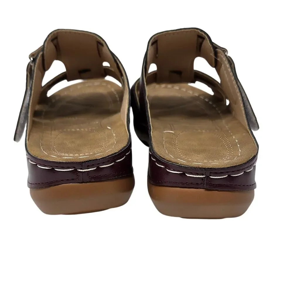 Orthopedic Faux Leather Burgundy Slip On Wedge Sandals Comfort Shoes Size 39